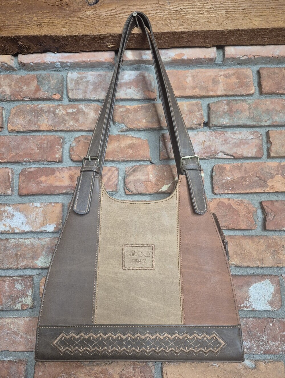 Boho Colorblock Tote Purse Embroidered Shoulder Bag Brown Tan Travel Bag